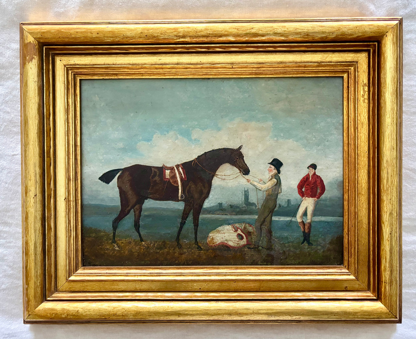 “Cardinal” with Trainer and Jockey — British School Equestrian Painting by Daniel Clowes