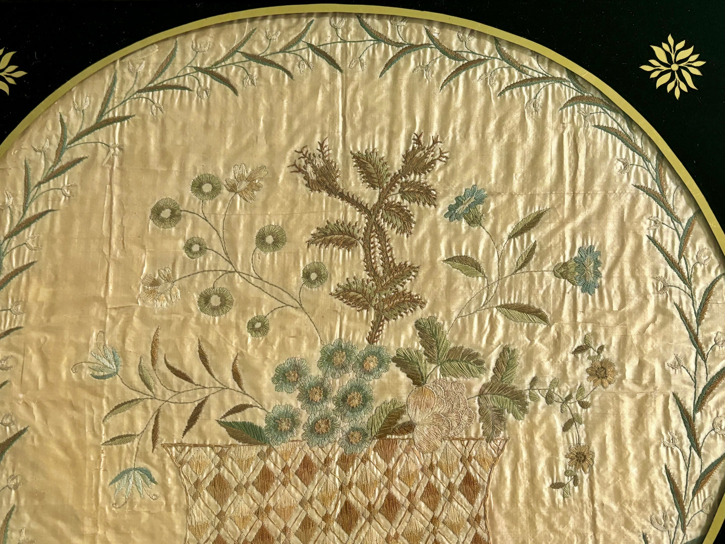 Early 19th Century Silk Embroidery of a Basket of Flowers