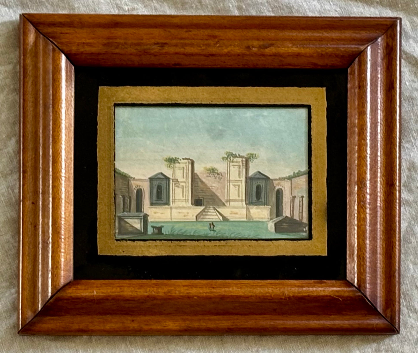 Grand Tour Gouache Painting of a Pompeiian Temple Courtyard Ruin