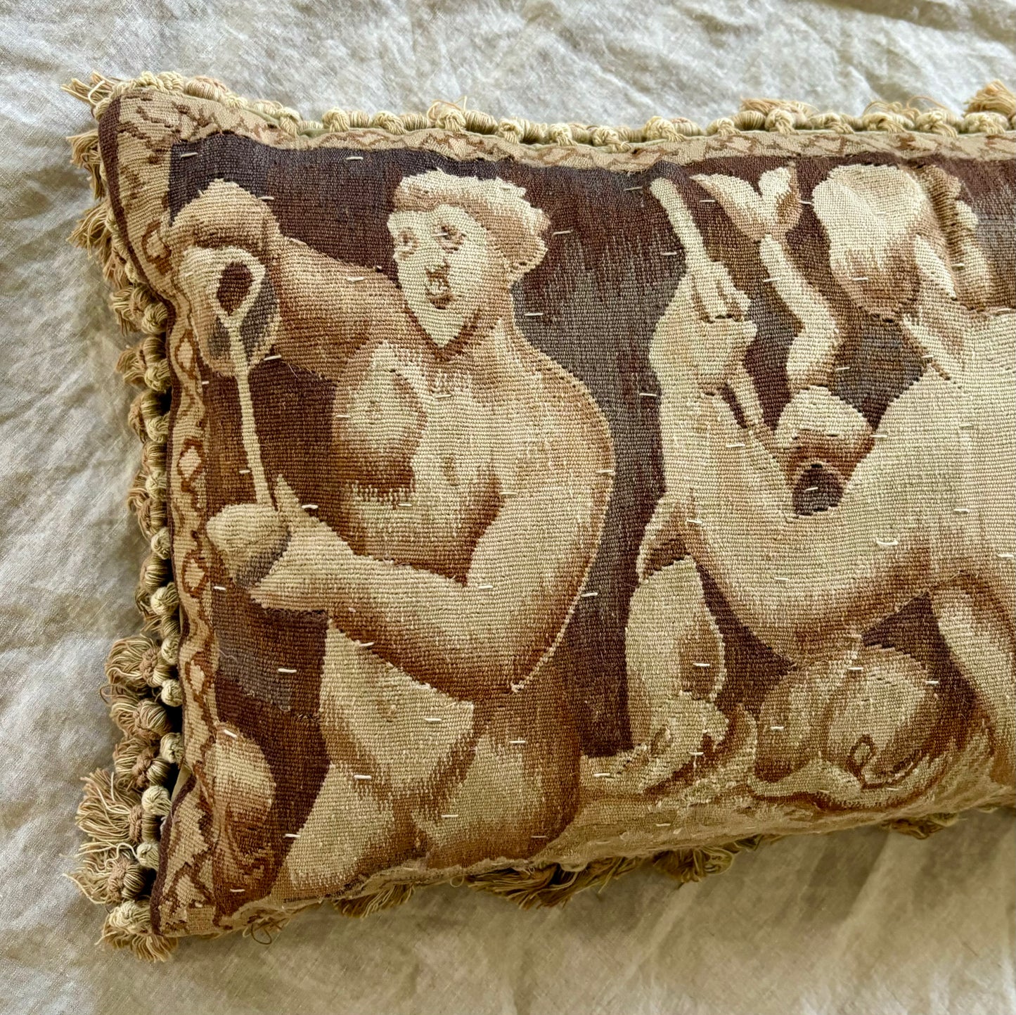 Sepia-Toned Vintage Pillow Constructed From an Antique Tapestry