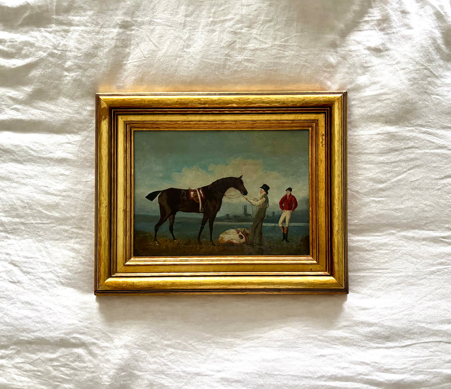 “Cardinal” with Trainer and Jockey — British School Equestrian Painting by Daniel Clowes