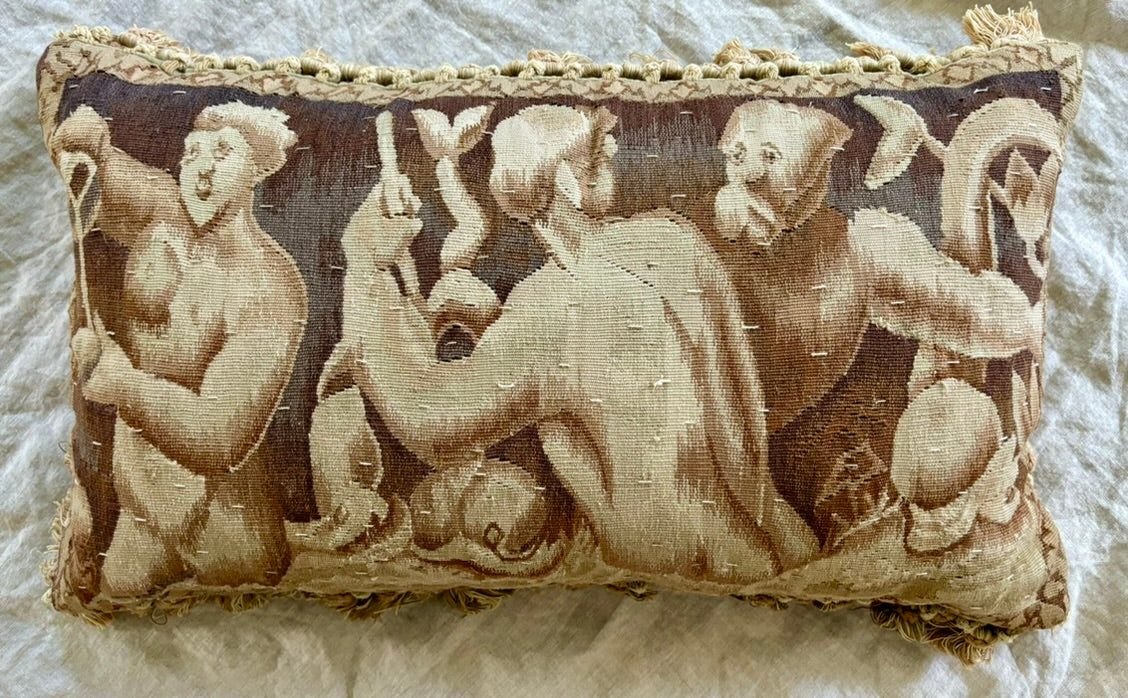 Sepia-Toned Vintage Pillow Constructed From an Antique Tapestry