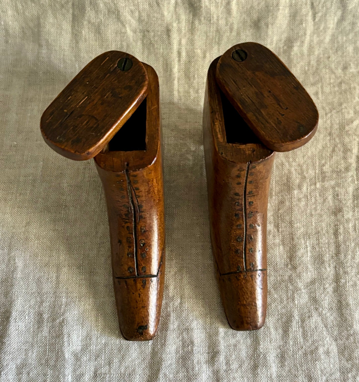 Pair of 19th Century Hand Carved English Snuff Boxes in the Form of Boots