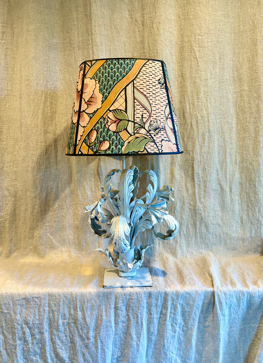 Mid-Century Wrought Iron Flower Form lamp With Gucci /Antoinette Poisson Lamp Shade