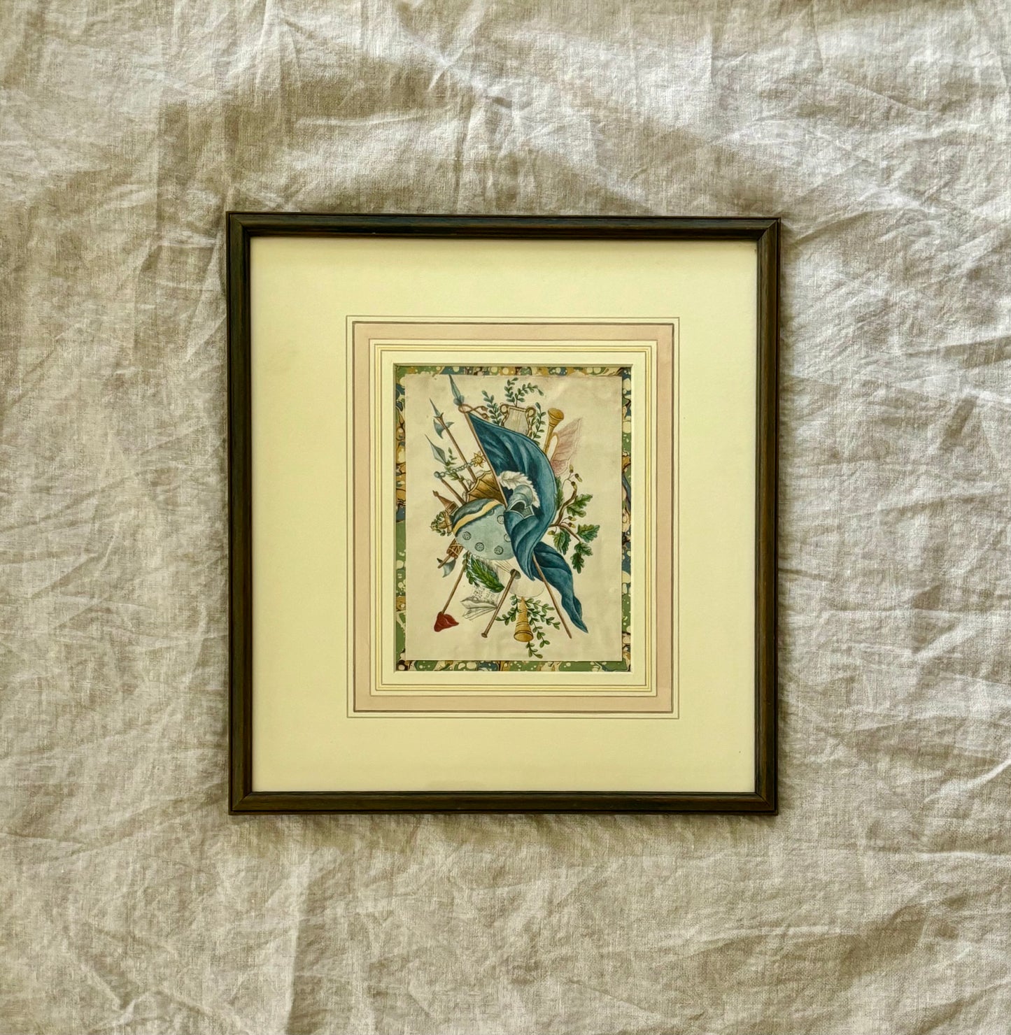 English 19th century Framed Watercolor of Military Attributes