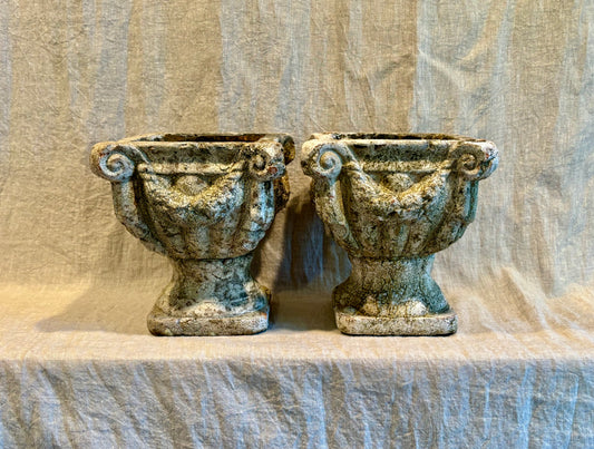 Pair of Small Patinated Painted Terracotta Square Urns
