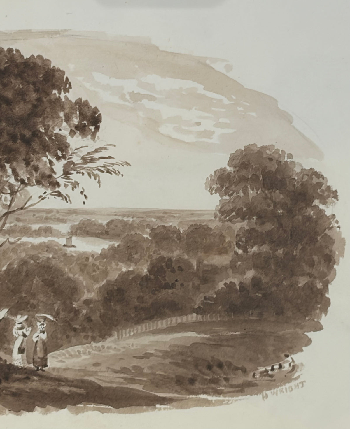 Mid-19th Century Signed English Sepia Landscape with Figures
