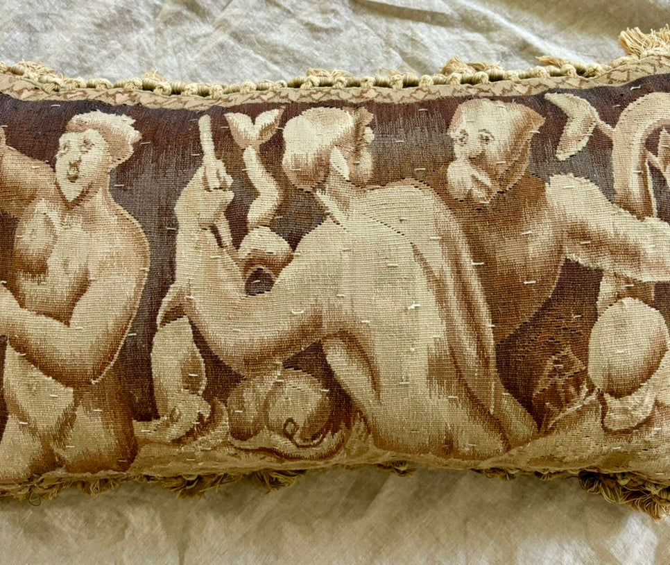 Sepia-Toned Vintage Pillow Constructed From an Antique Tapestry