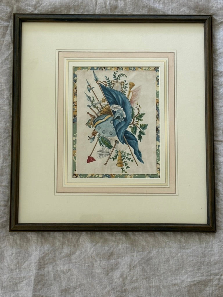 English 19th century Framed Watercolor of Military Attributes