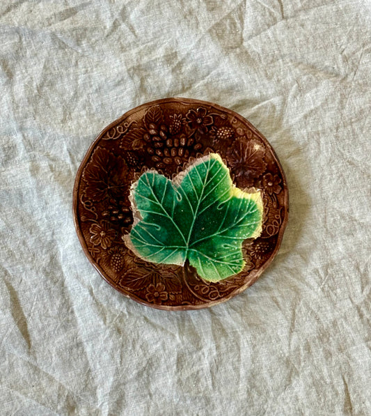 Early French Majolica Plate with Geranium leaf