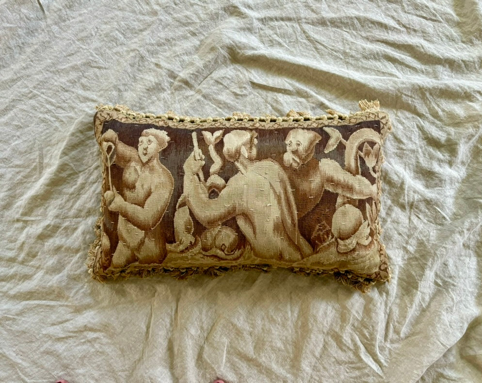 Sepia-Toned Vintage Pillow Constructed From an Antique Tapestry