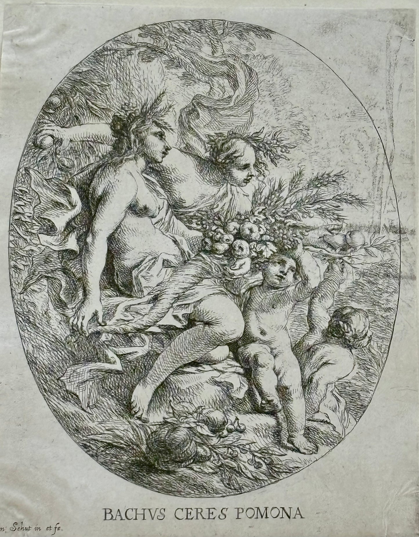 17th Century Engraving of Bachus, Ceres, and Pomona by Cornelis Schut I