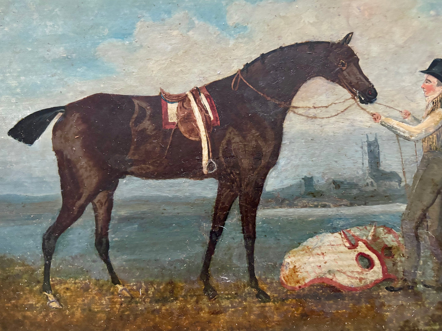 “Cardinal” with Trainer and Jockey — British School Equestrian Painting by Daniel Clowes