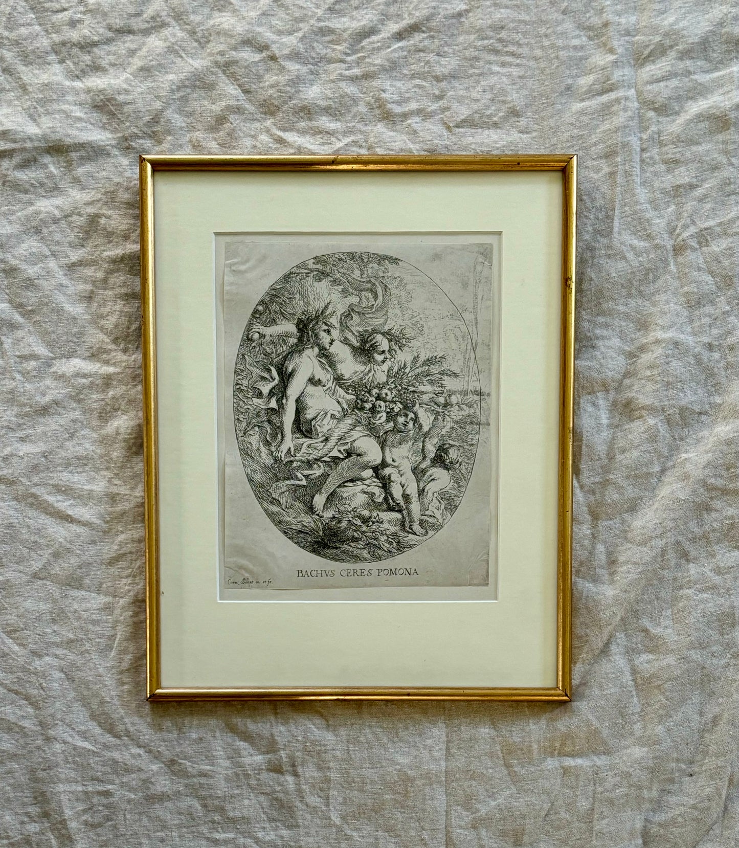 17th Century Engraving of Bachus, Ceres, and Pomona by Cornelis Schut I