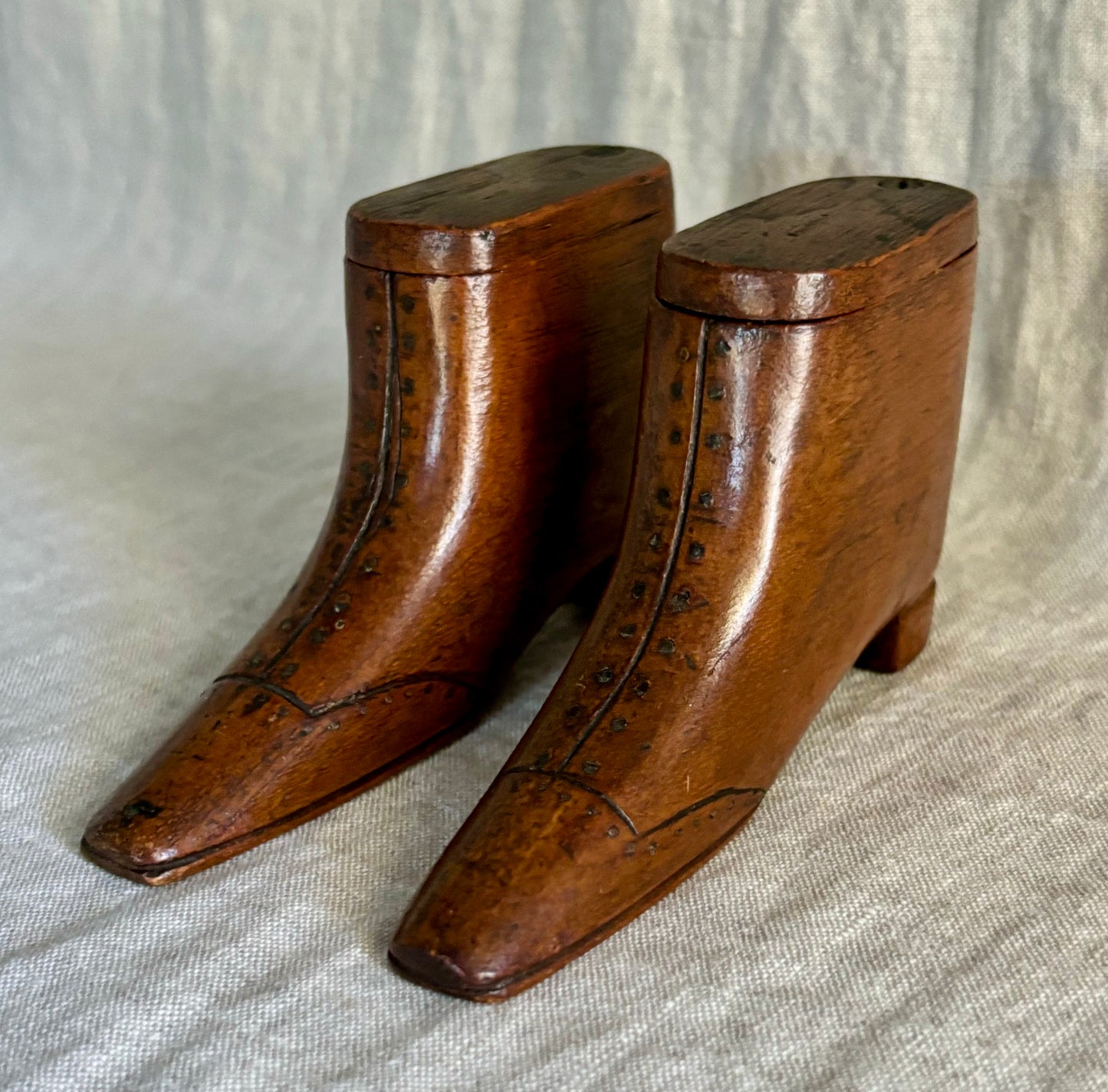 Pair of 19th Century Hand Carved English Snuff Boxes in the Form of Boots
