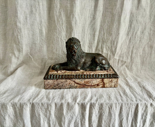Grand Tour Recumbent Bronze Lion on Veined Marble Base