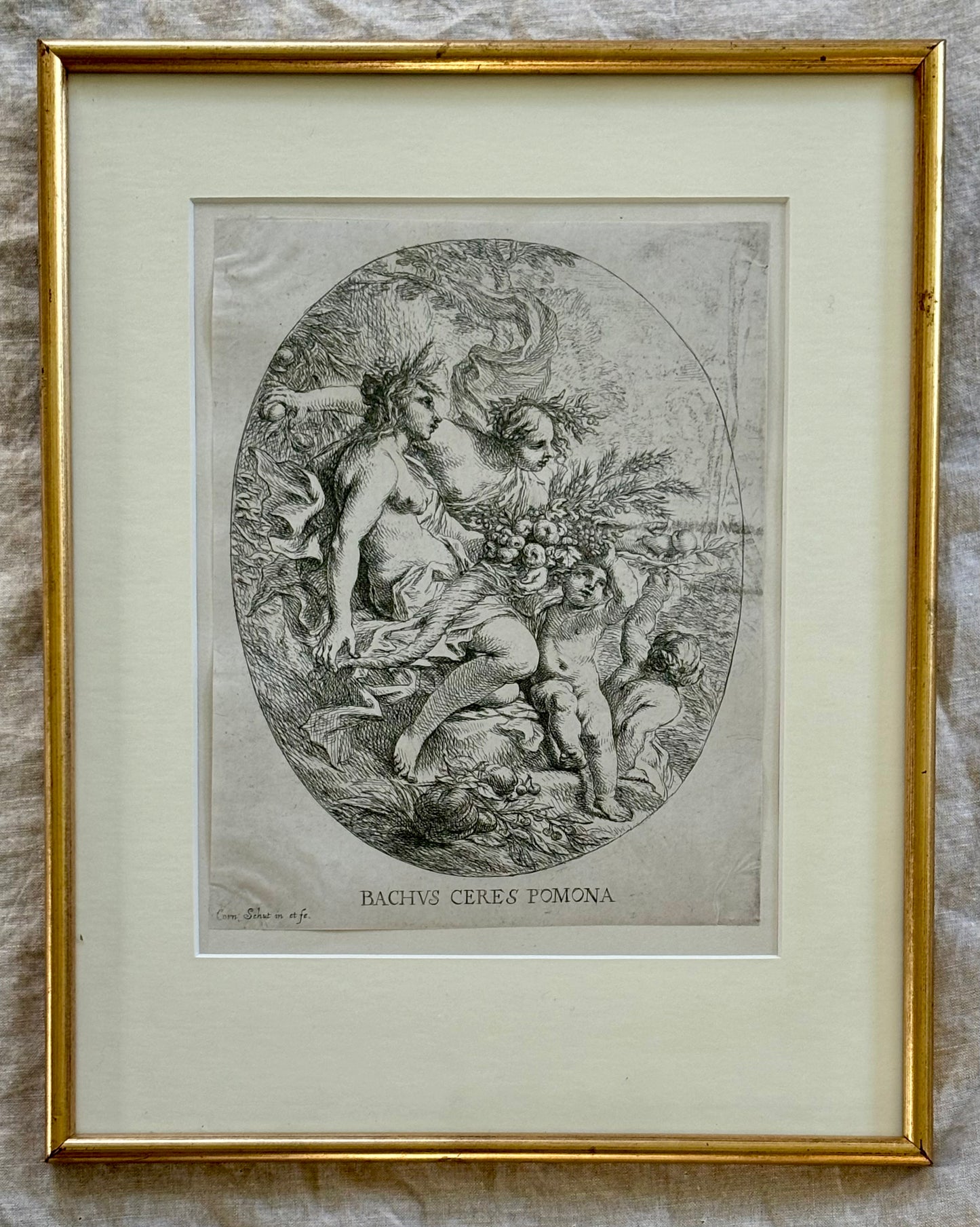 17th Century Engraving of Bachus, Ceres, and Pomona by Cornelis Schut I