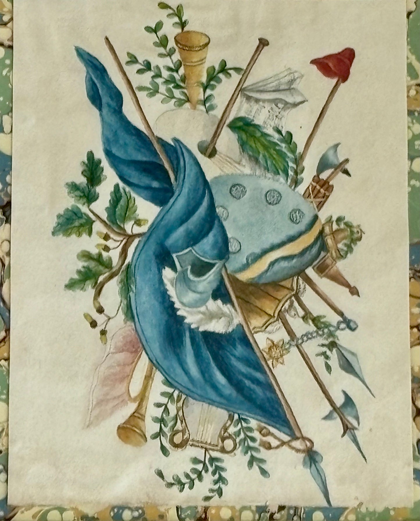 English 19th century Framed Watercolor of Military Attributes