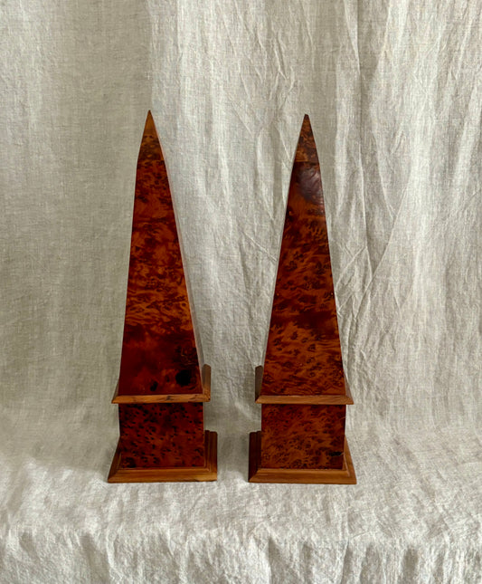 Pair of Burl Veneer Obelisks