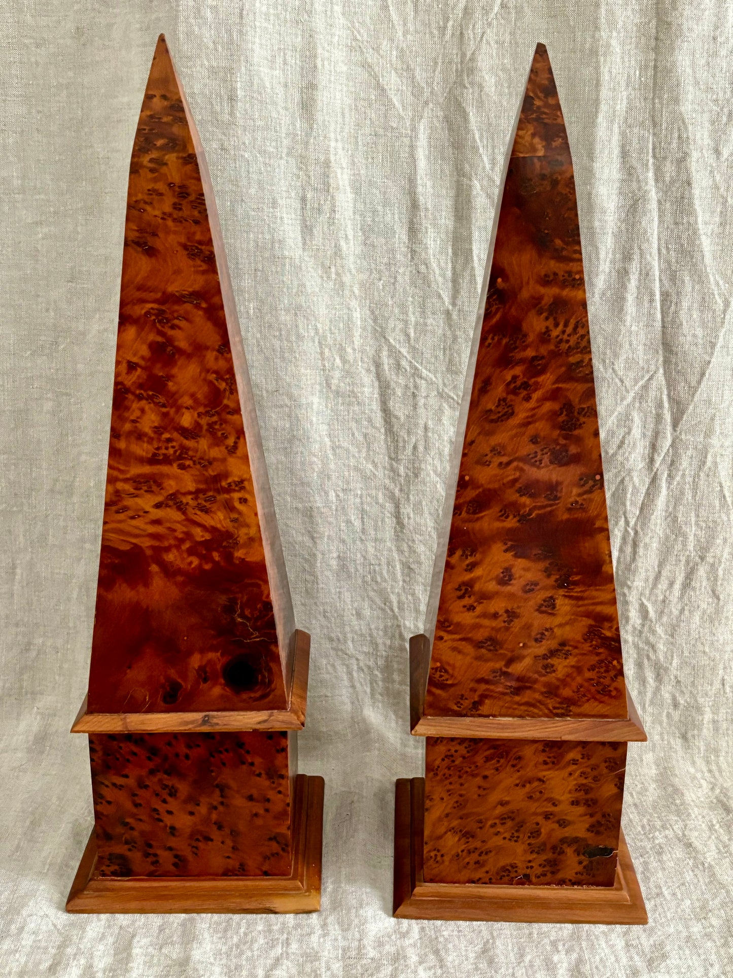 Pair of Burl Veneer Obelisks