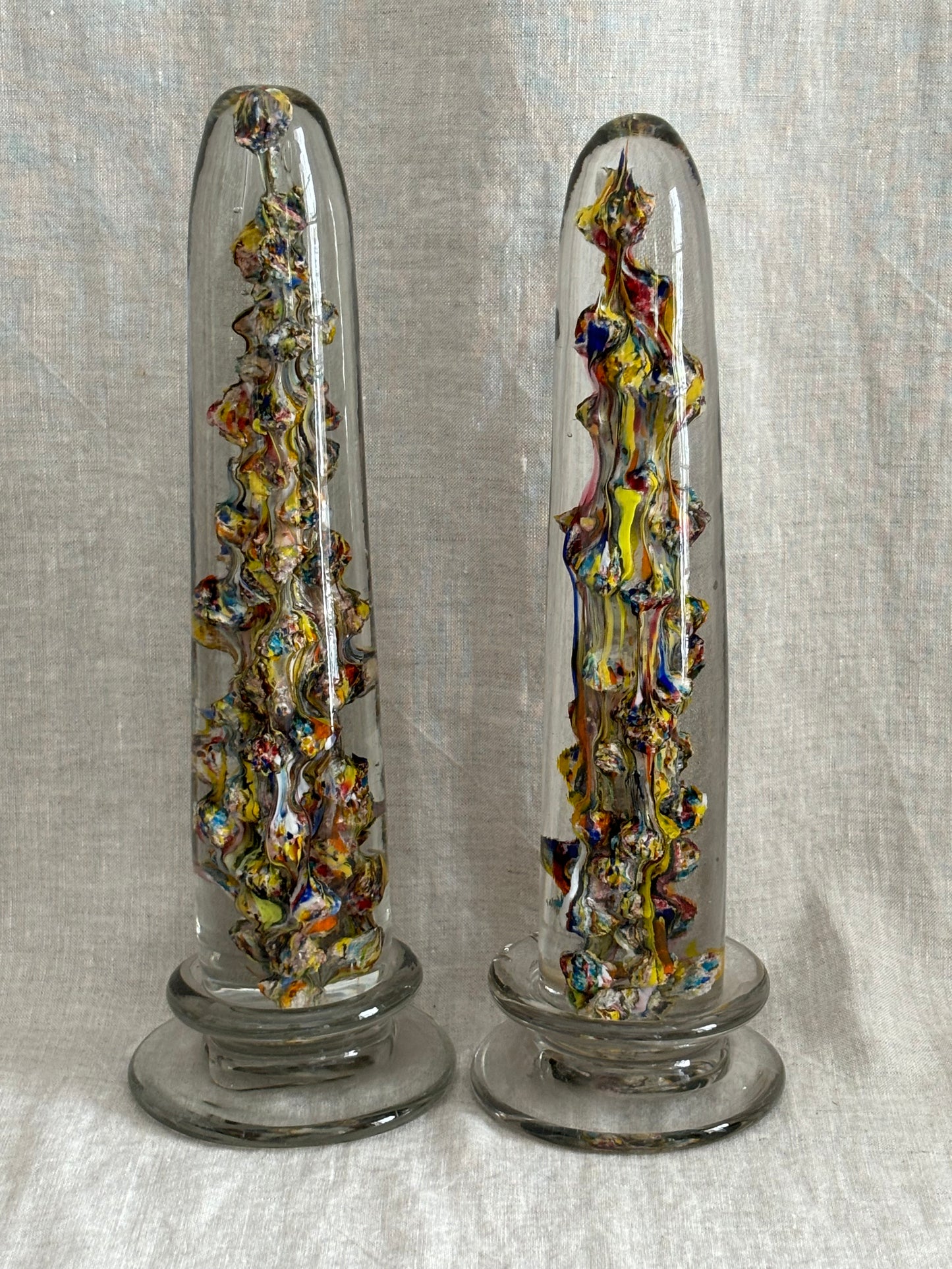 Pair of Sulphur Glass Wig Stands in Obelisk Form