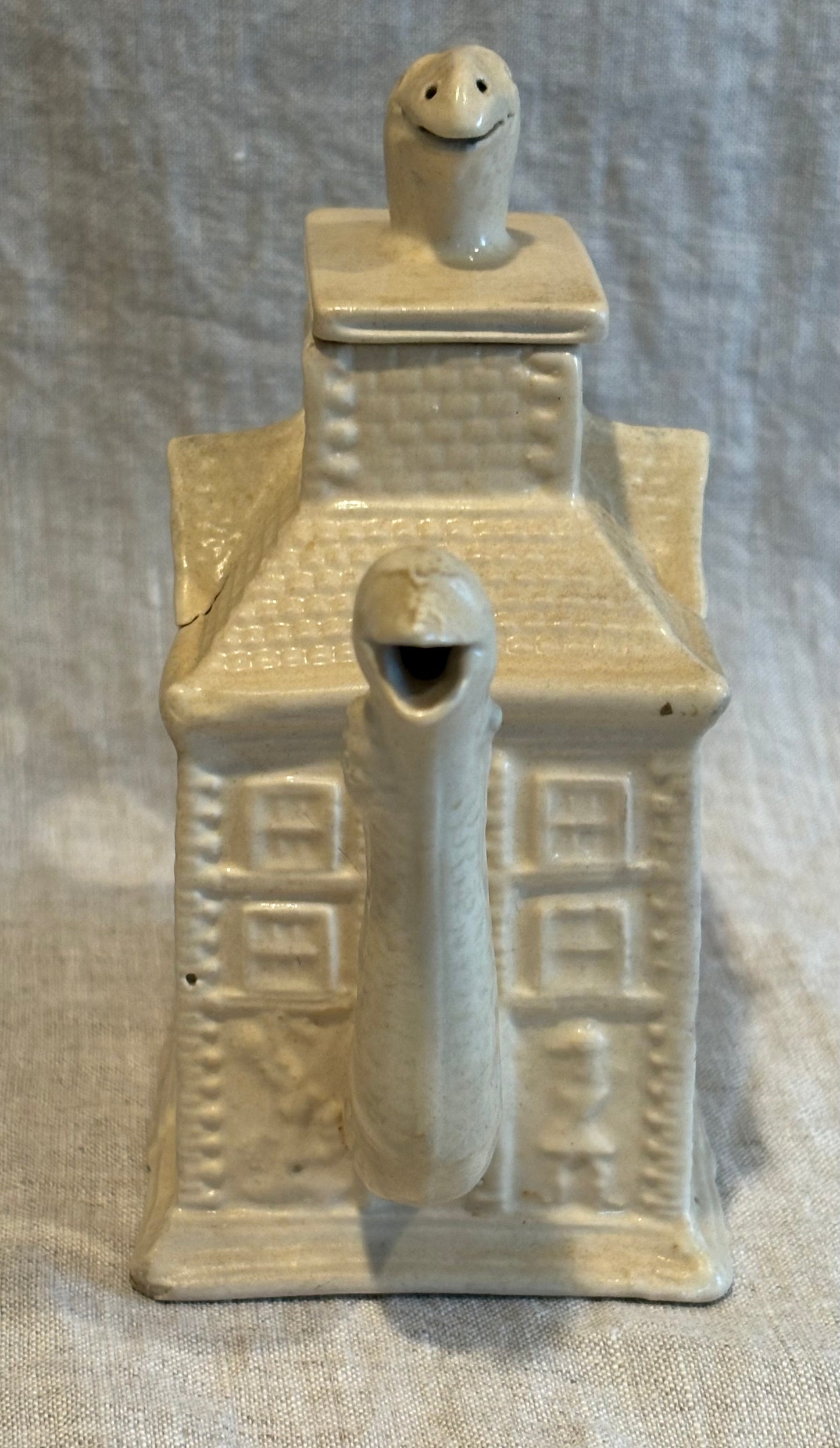 18th Century Staffordshire Saltglaze Teapot in the Form of a Townhouse with Gooseneck Spout
