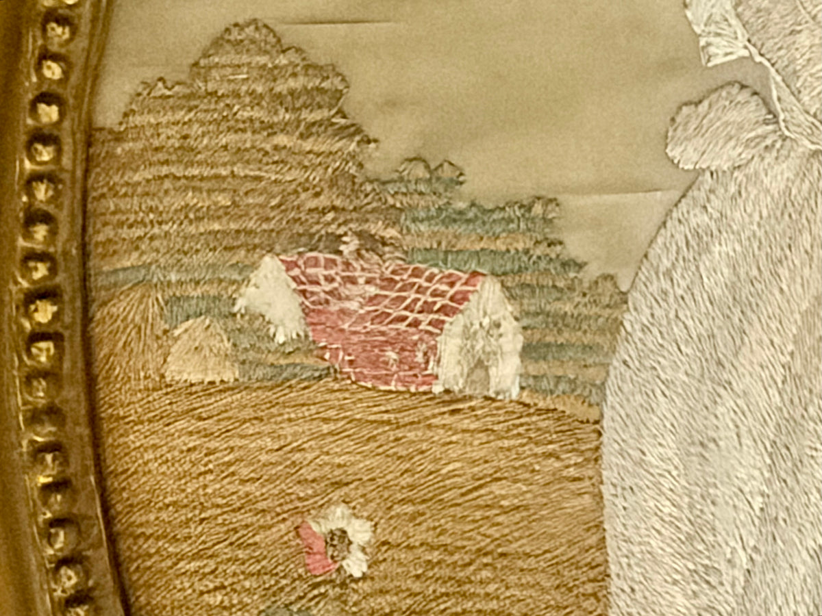 18th Century Silk on Silk Embroidery of a Girl with Rake