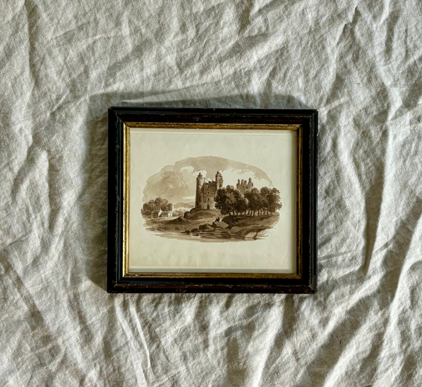 19th Century English Sepia Watercolor of a Castle