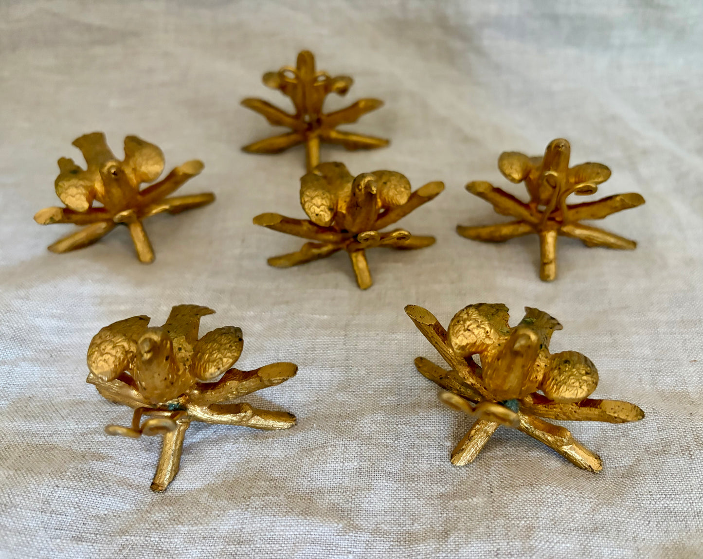 A Set of Six 19th Century Gilt Menu Holders in Bird Form
