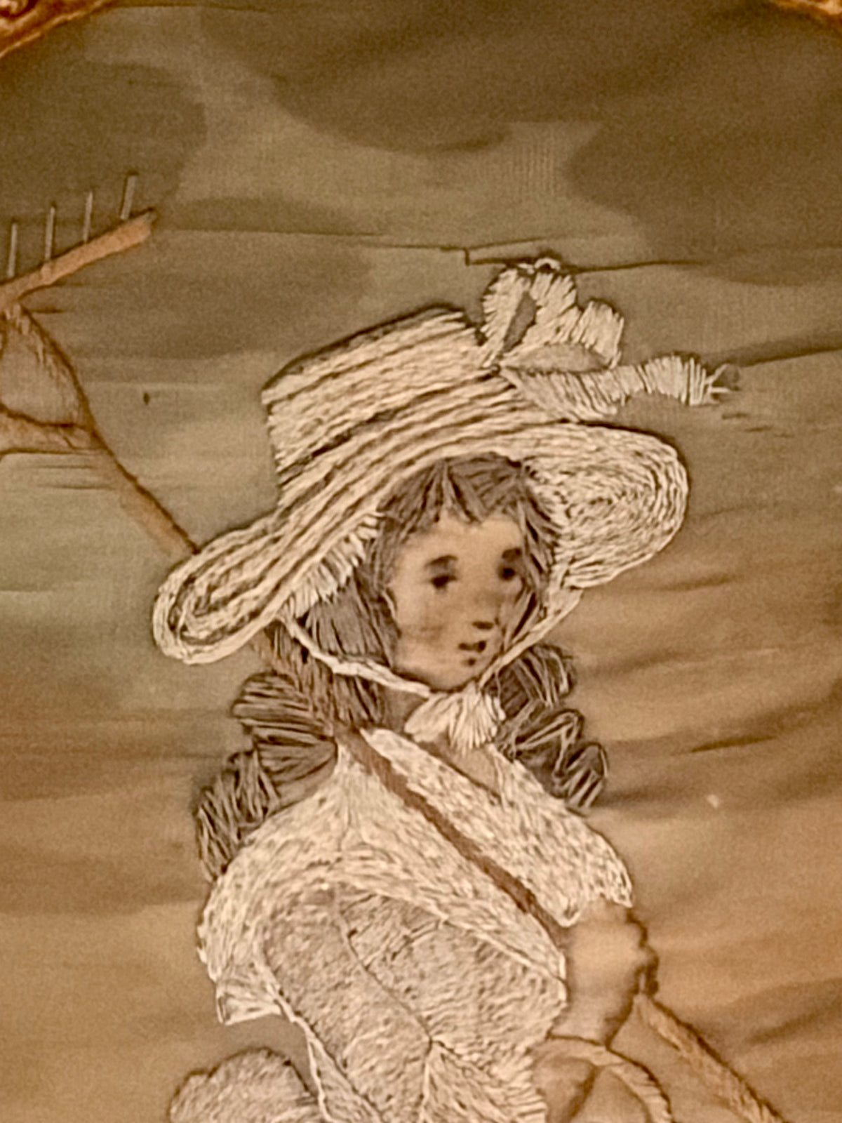 18th Century Silk on Silk Embroidery of a Girl with Rake