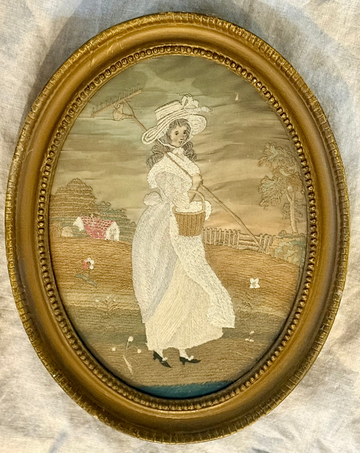 18th Century Silk on Silk Embroidery of a Girl with Rake