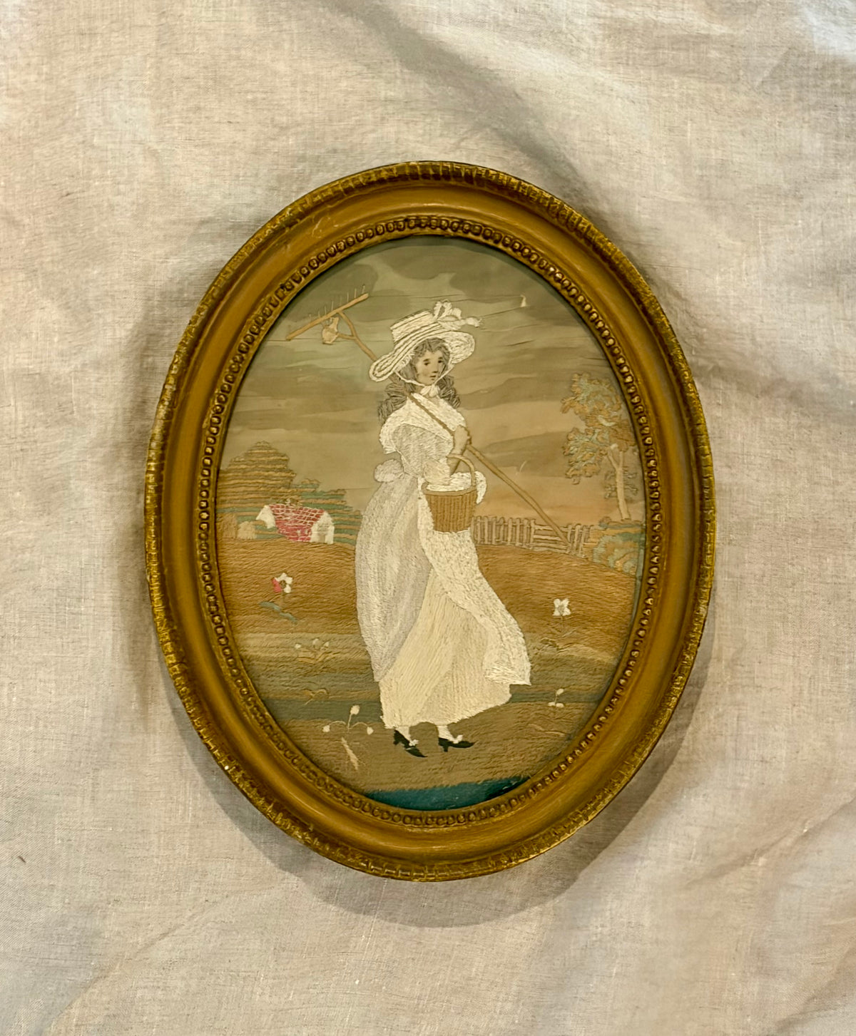 18th Century Silk on Silk Embroidery of a Girl with Rake