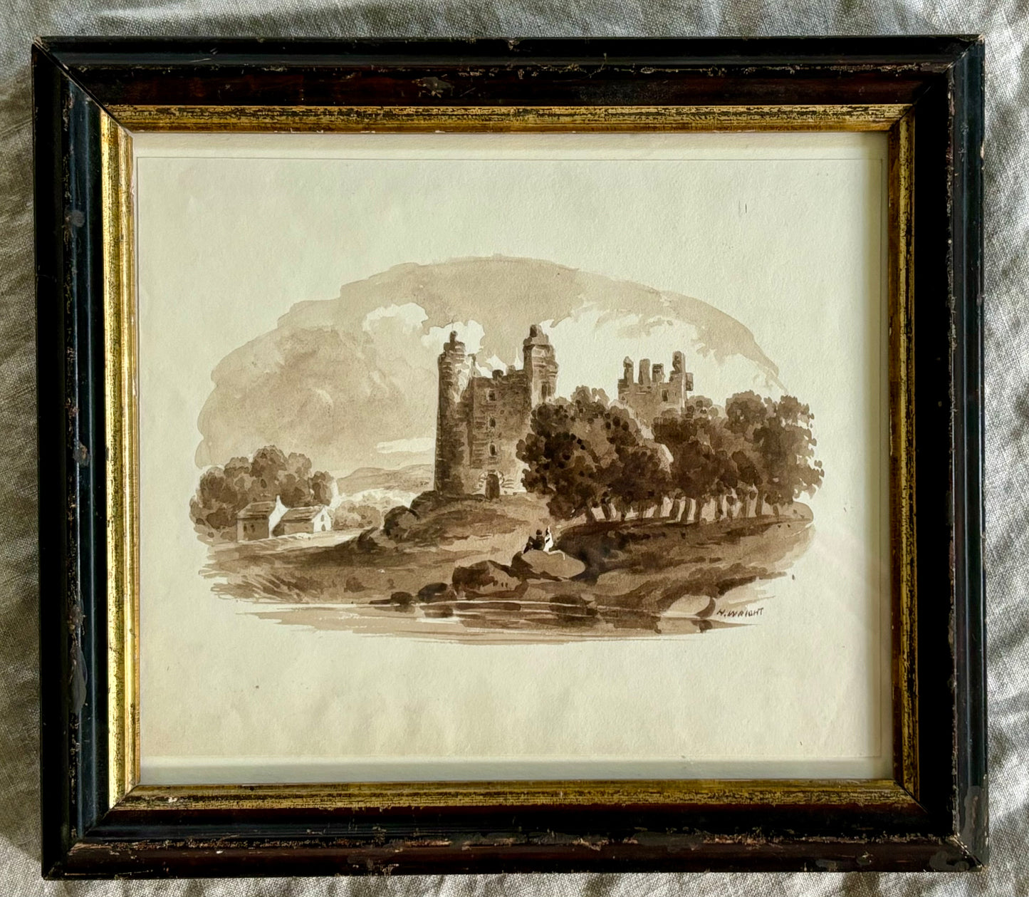 19th Century English Sepia Watercolor of a Castle