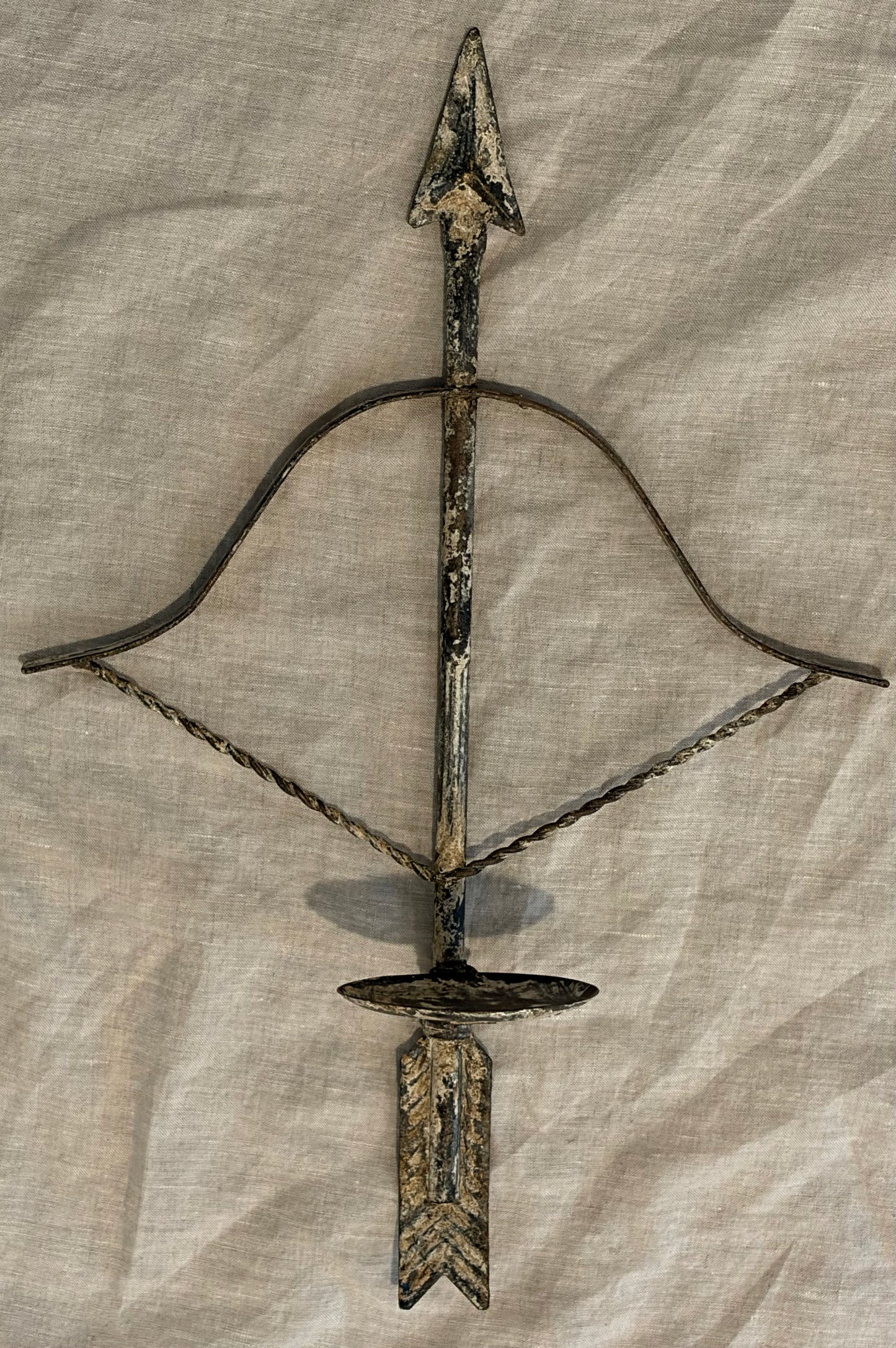 Pair of Patinated Tole Archer or Crossbow Form Candle Holders