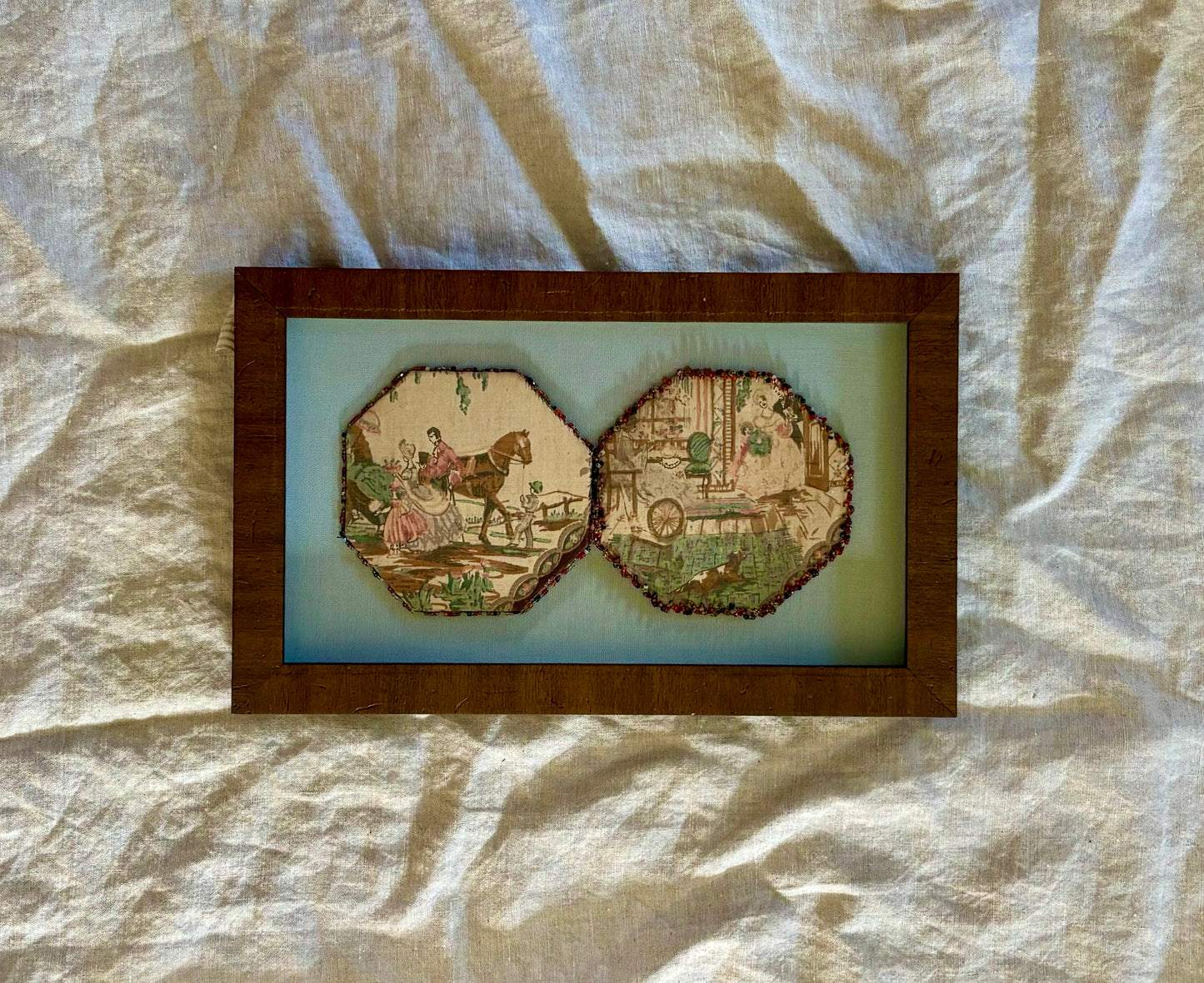 Victorian Silk Toile Needle Case in a Contemporary Shadow Box Frame