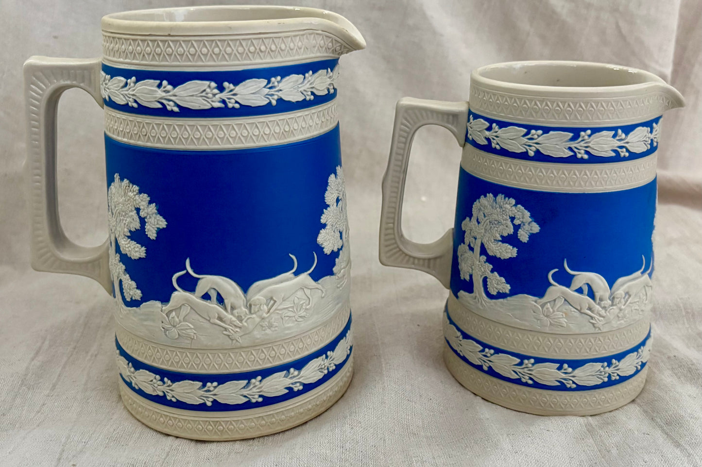 Pair of Late 19th Century Copeland Spode Jasperware Blue Fox Hunt Jugs