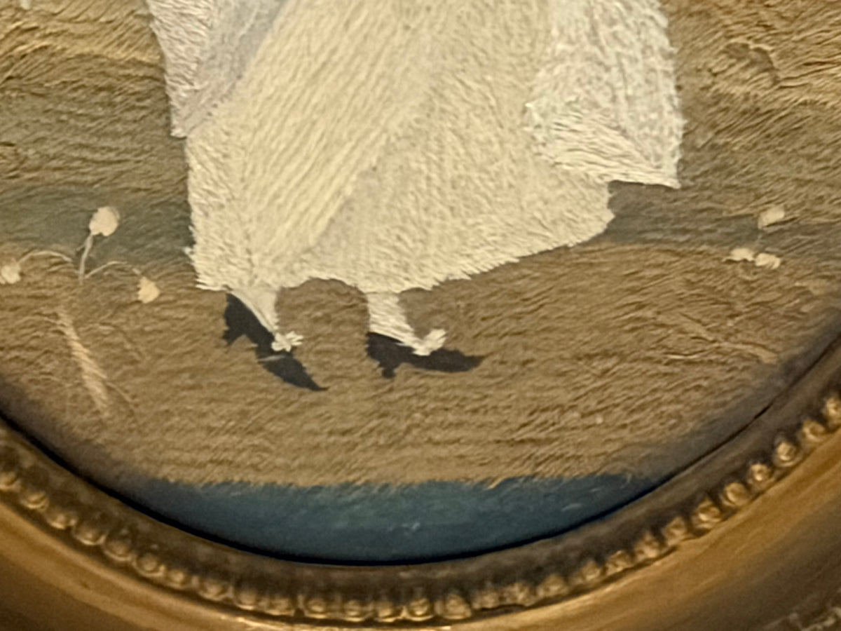 18th Century Silk on Silk Embroidery of a Girl with Rake