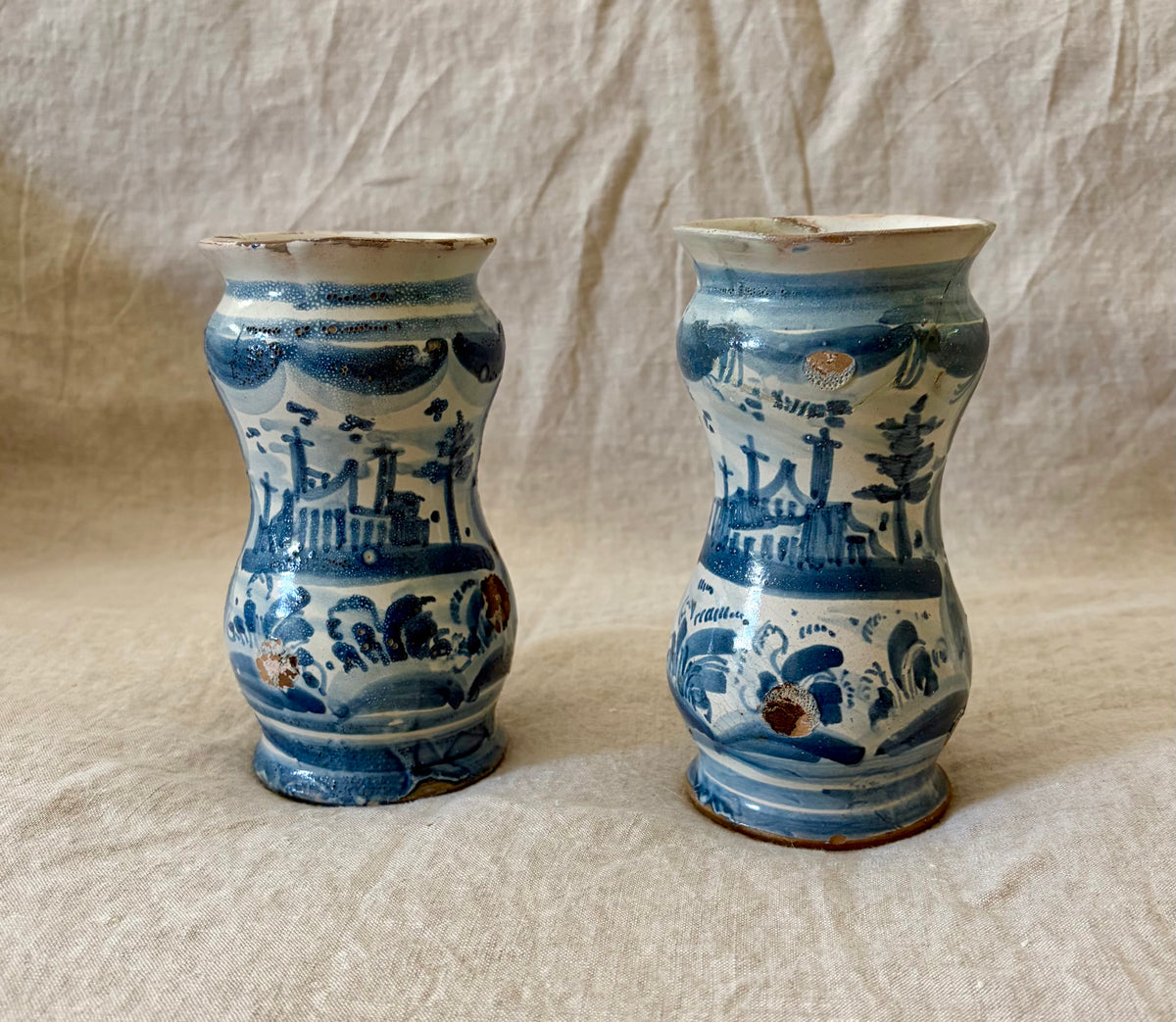 Pair of Southern Italian Maiolica Albarello or Apothecary Jars