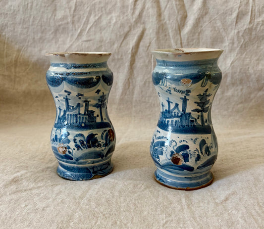 Pair of Southern Italian Maiolica Albarello or Apothecary Jars