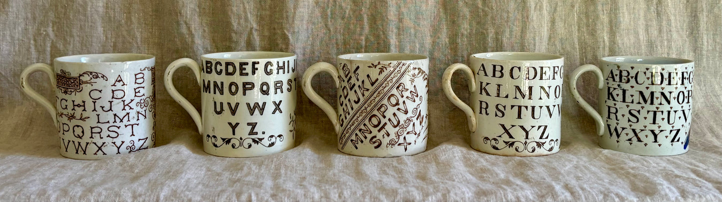 Collection of Five Children's Staffordshire Bird and Alphabet Mugs