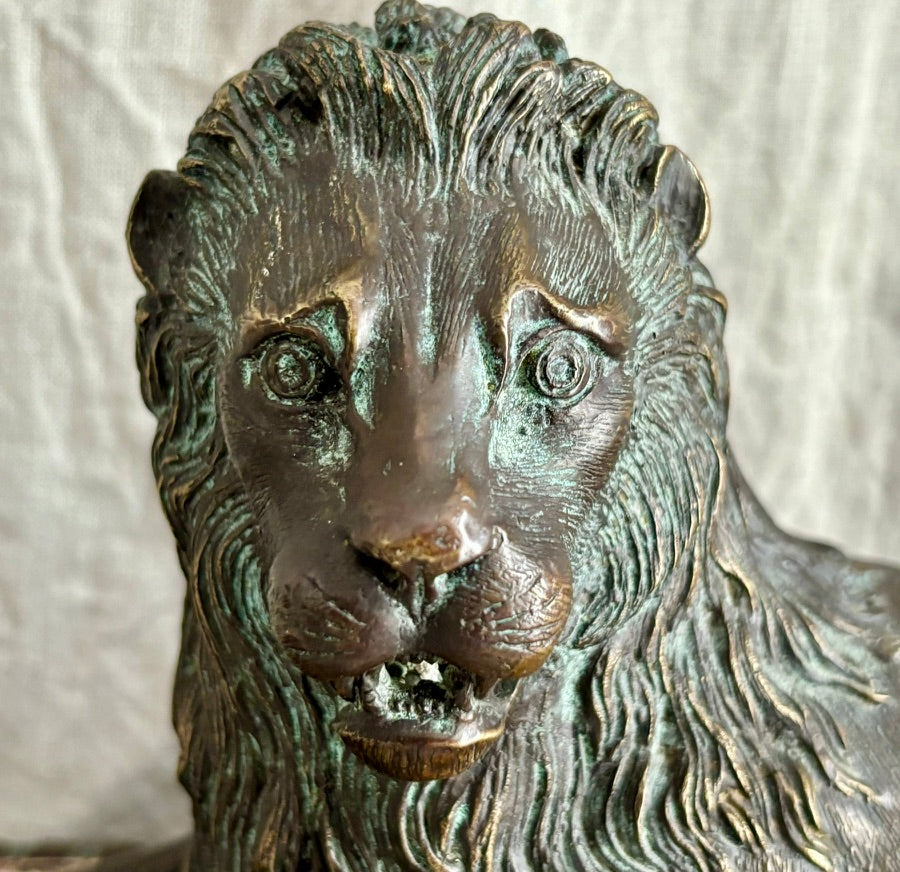 Grand Tour Recumbent Bronze Lion on Veined Marble Base