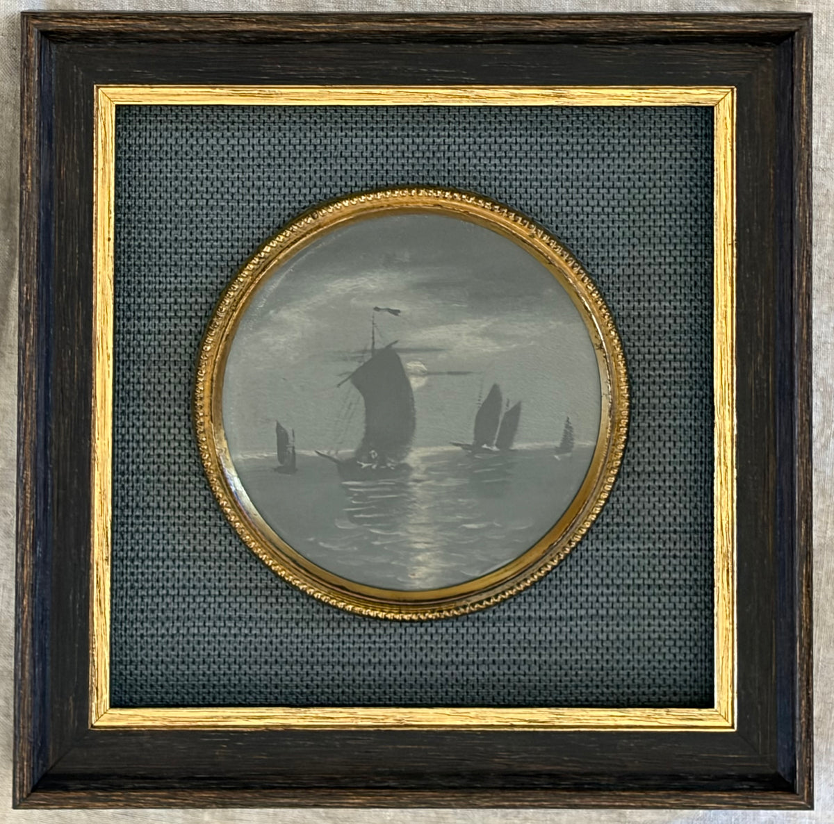 Late Victorian Grisaille Tondo Maritime Painting in Shadowbox