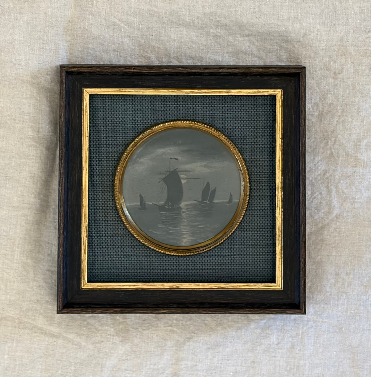 Late Victorian Grisaille Tondo Maritime Painting in Shadowbox