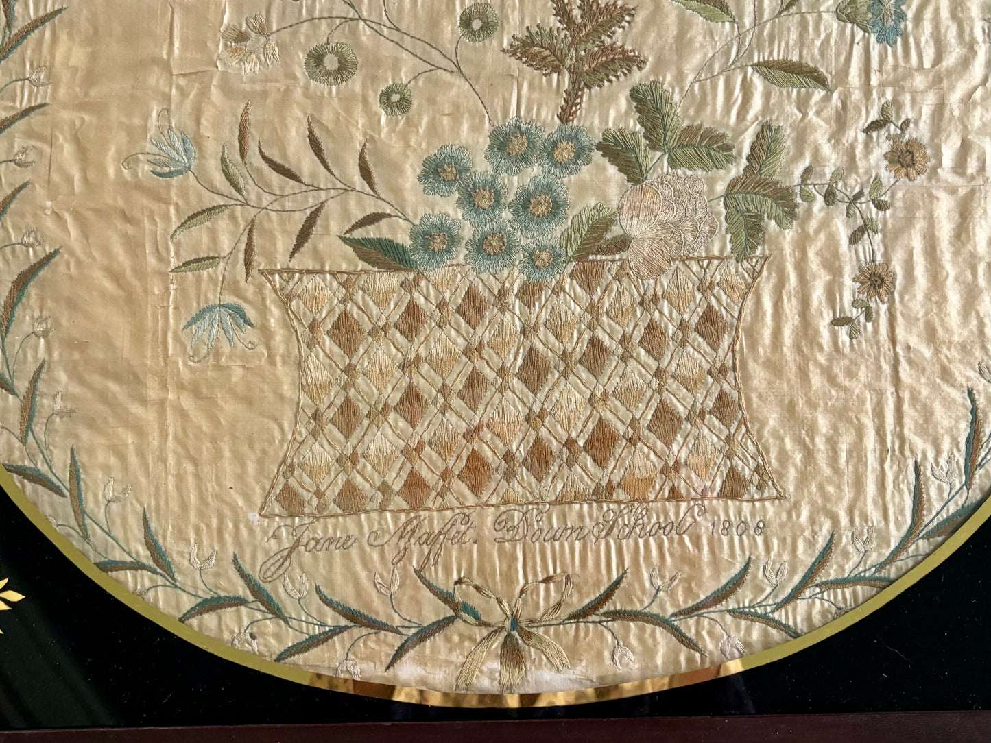 Early 19th Century Silk Embroidery of a Basket of Flowers