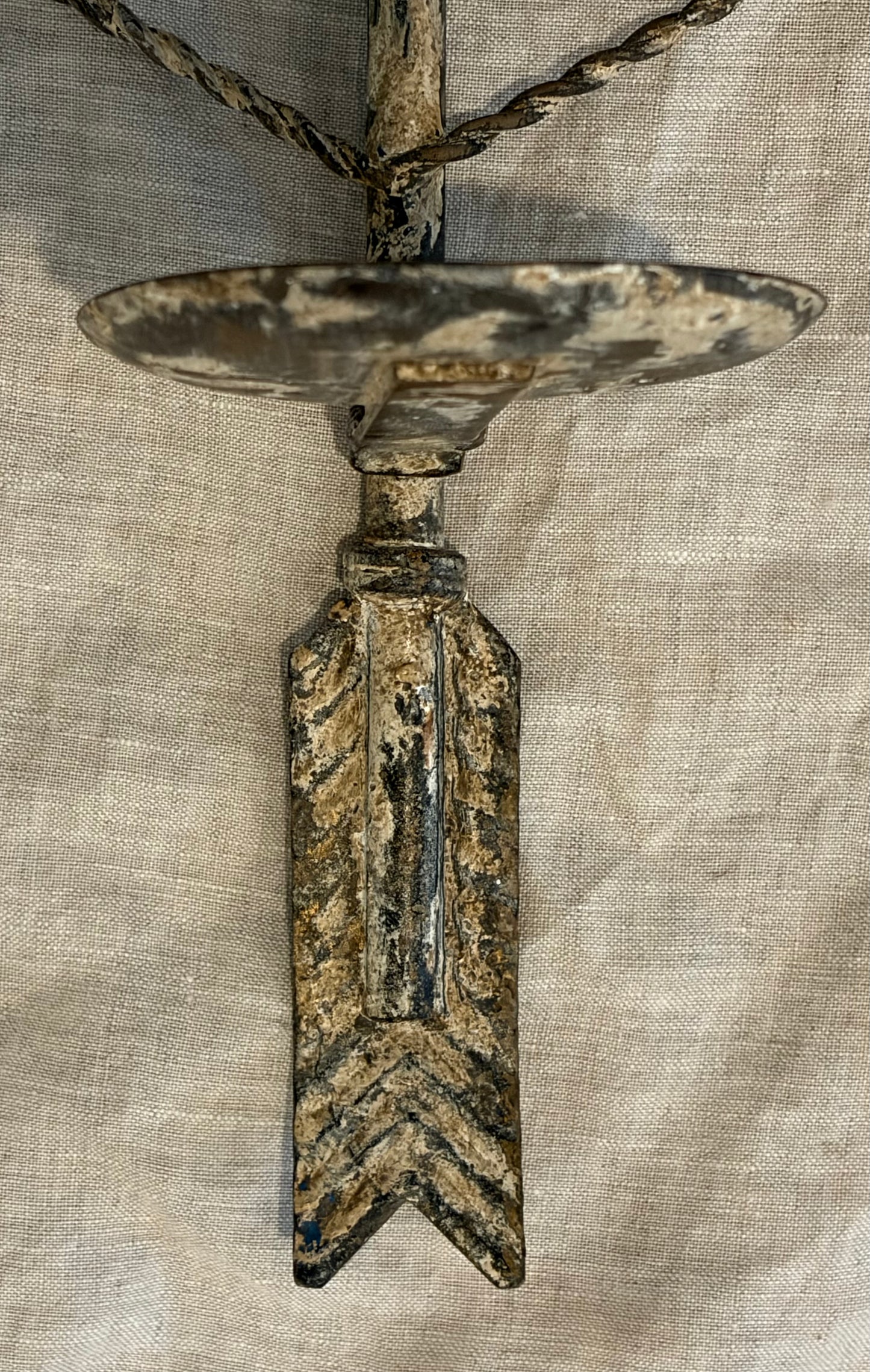 Pair of Patinated Tole Archer or Crossbow Form Candle Holders