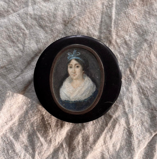 19th Century Papier-mâché Snuff Box with a Beautiful Watercolor Portrait Under Glass