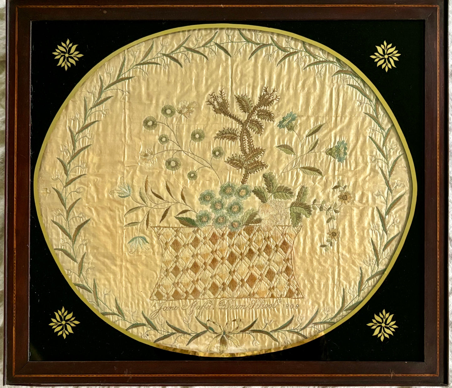 Early 19th Century Silk Embroidery of a Basket of Flowers