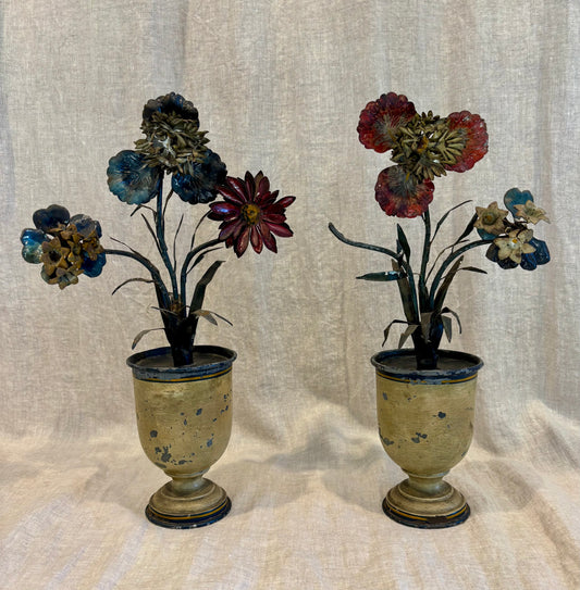 Pair of 19th Century French Tole Flower Bouquets in Urns
