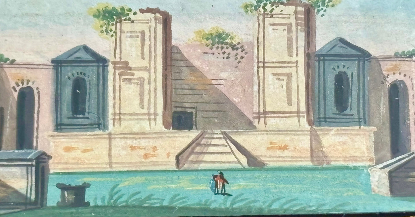 Grand Tour Gouache Painting of a Pompeiian Temple Courtyard Ruin