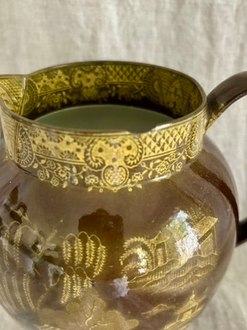 Early 19th Century Portobello or Brown Ware Staffordshire Jug With a Chinoiserie Motif